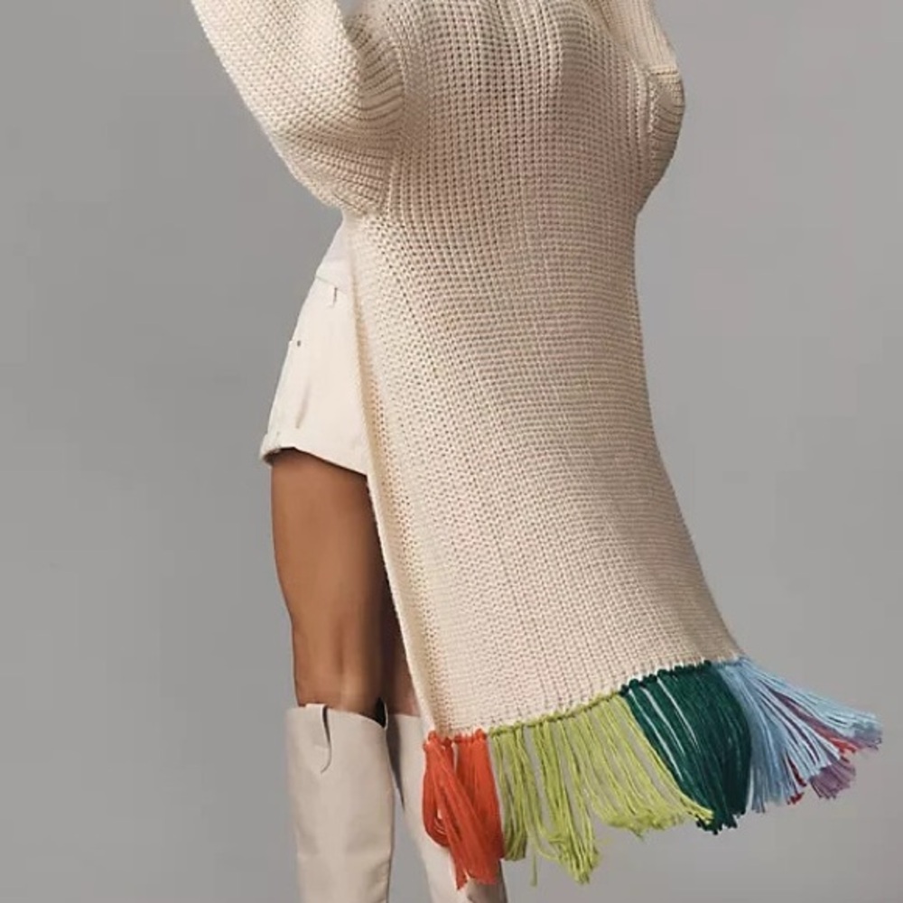 Anthropologie Cream Sweater with Multicolor Fringe